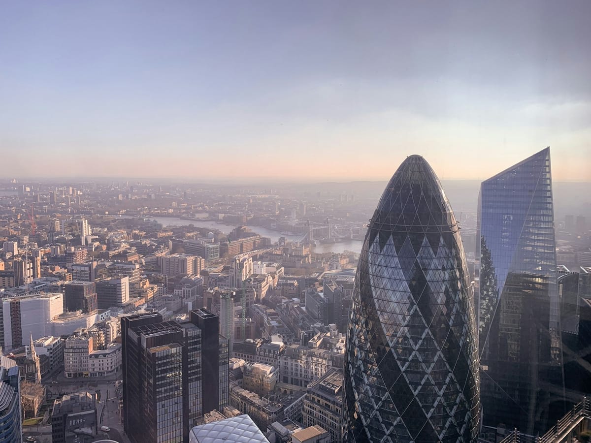 The London skyline with the Gherkin at low sun